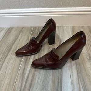 VTG Prada Block Heel Burgundy Red Loafers 8.5/38.5 Heels Pumps Twee Retro Goth